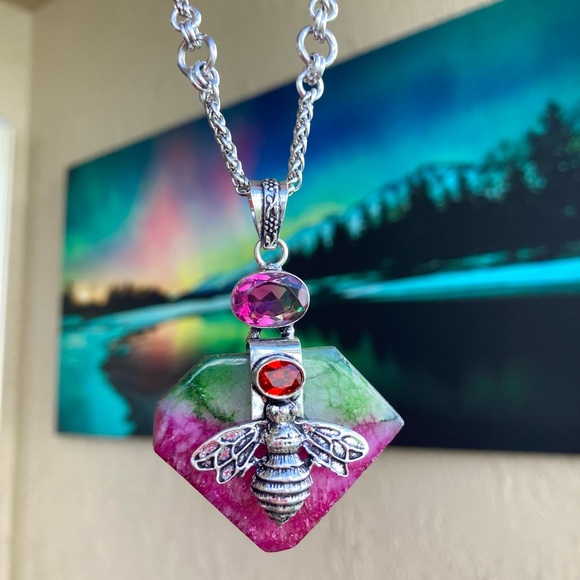 925 sterling silver overlay pink green agate & mystic topaz bee boho necklace . - Picture 11 of 14